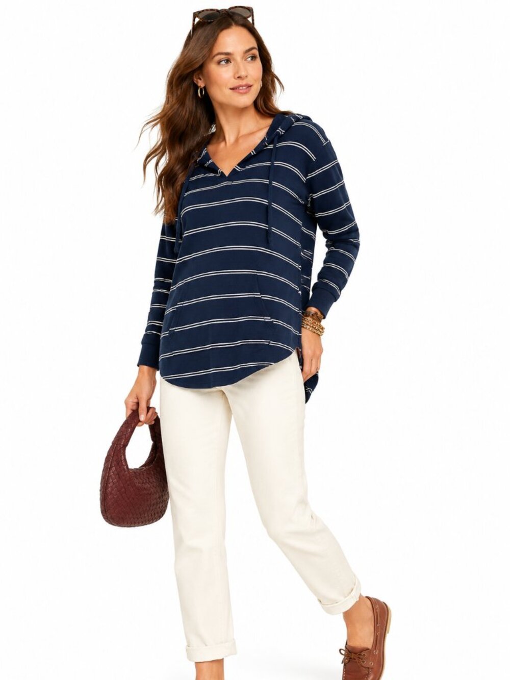 NWOT Lucky Brand Cloud Jersey Striped Tunic Hoodie Top Navy Nautical Preppy XS